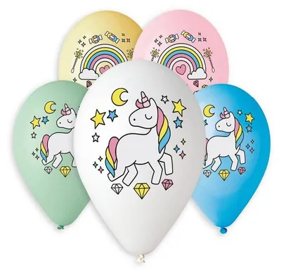 Produktbild von 5 Einhorn Luftballons, Natur Latex, ca. 30 cm Durchmesser, zufällige Farben