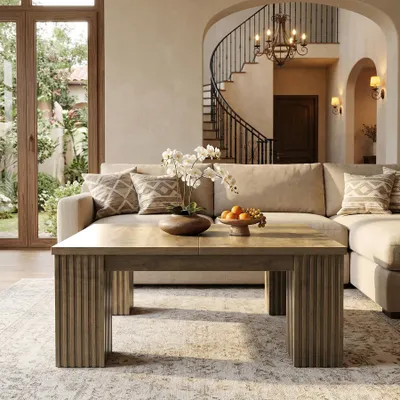 Image de Table basse carrée Tribesigns de 100 cm, table basse de style cottage en bois avec pieds cannelés, table d'appoint rustique pour le salon