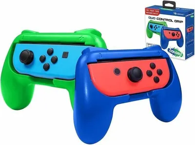 Two Nintendo Switch controller grips, one green and one blue, are shown in front of a white background. A box with product information is visible in the upper right corner.