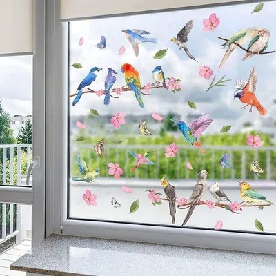 Obrázek produktu pro Růžové samolepky s motivem ptáků a květin na okna