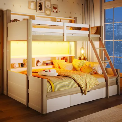 A bunk bed with storage drawers and shelves, illuminated by LED lights, in a bedroom setting at night.