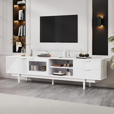 Obrázok produktu pre Merax TV skrinka 200 cm s 2 dvierkami a 2 zásuvkami, TV skrinka do 80 palcov, TV skrinka s otvorenými policami, moderný dizajn, biela
