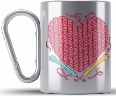 Produktbild von Trendation - Häkeln Edelstahl Tasse Karabiner Geschenk Valentinstag Geschenkidee Mama Oma Herz Häckeln Stricken (Silber)