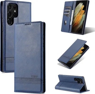 Image de Galaxy S22 Ultra 5G Housse en cuir, étui à rabat Portefeuille Fermeture magnétique Ständer Housse de protection pour Samsung Galaxy S22 Ultra 5G Bleu
