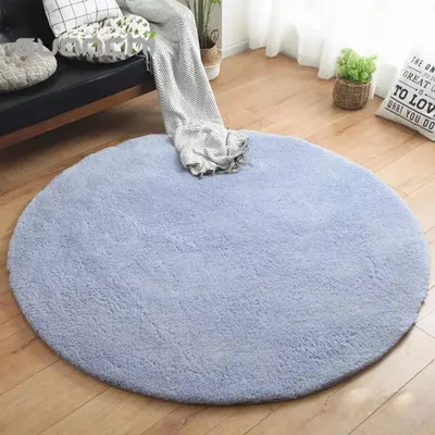 Zdjęcie produktu dla Dywan okrągły, szary i niebieski, o wysokości 80 cm, wykonany z poliestru o wysokim włosiu