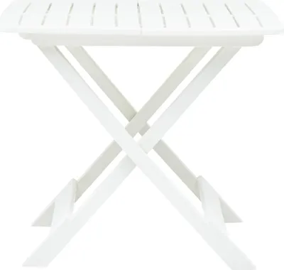 A white folding garden table shown from a side angle against a white background.