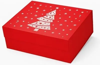 A red Christmas-themed gift box with white snowflakes and a Christmas tree design.