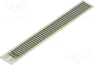 A long, thin electronic component with alternating black and green stripes on a white background.
