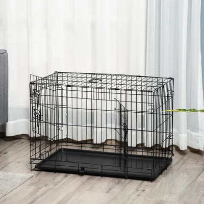 Produktbild von Hundekäfig klappbar mit Bodenwanne & 2 Türen, Transportkäfig Drahtkäfig faltbar, Eisendraht, Schwarz | 75 x 48,5 x 53 cm | 5,2 kg | wetterfest