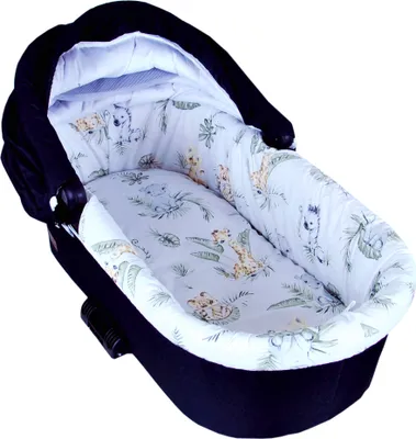 A baby bassinet with a jungle animal print lining.