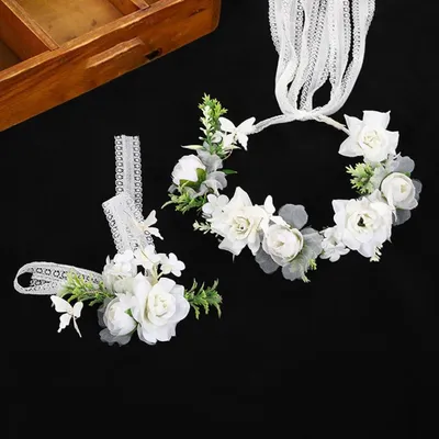 Produktbild von Blumen Haarband Set mit Weißen Rosen für Mädchen