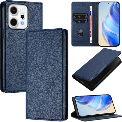 Produktbild von Litchi Leder Handyhülle für Oppo Reno14 Pro 5G Wallet Kartenfächer Standfunktion Hülle Blau