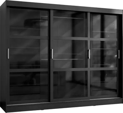 Produktbild von MIRJAN24 Schwebetürenschrank Norlio 250, Garderobe mit drei Türen und vier Schubladen, Kleiderschrank (Farbe: Schwarz, ohne Beleuchtung)
