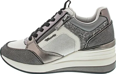 A side view of a single women's sneaker.