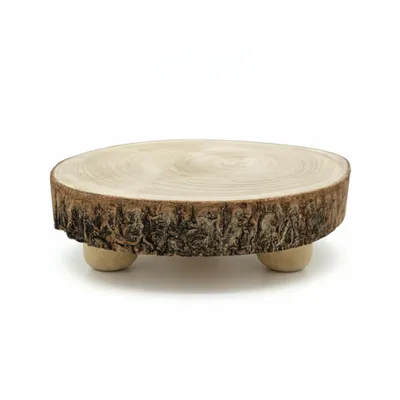 Produktbild von Baumscheibe rund Dekoscheibe Basteln Dekoteller auf Füßen Holzscheibe mit Rinde 17-22 cm