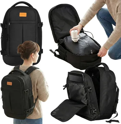 Collage of images showing a black backpack from different angles and in use.