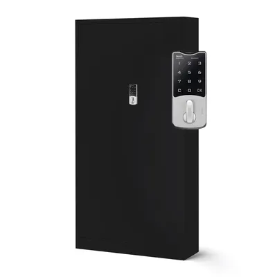 A black metal filing cabinet with a digital lock attached to the right door.