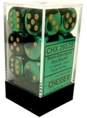 Immagine prodotto di Dadi Chessex Gemini 16mm d6 con punti, Blocchi di dadi (12 dadi) - Nero-Verde con oro