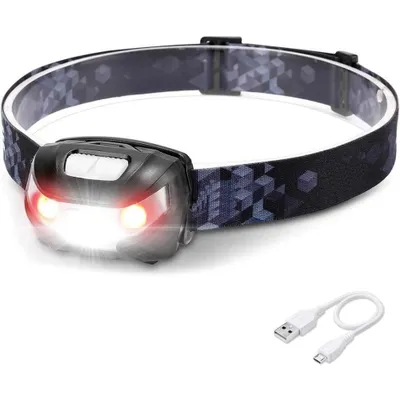 Image de Lampe frontale LED rechargeable, lampe frontale USB avec lumière rouge et 6 modes d'éclairage, mini lampe frontale étanche IPX4 pour enfants et adultes, lampe frontale super lumineuse