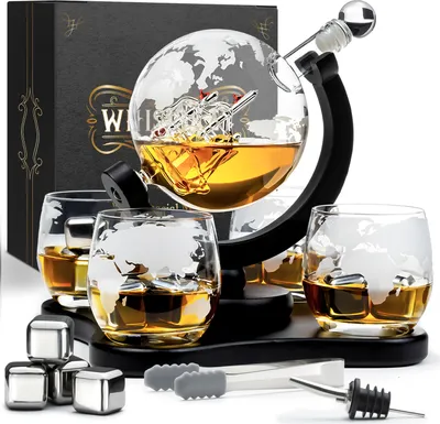 Produktbild von Whisiskey – Whisky Karaffe Set - Whiskey Geschenkset – Geschenke für Männer – Globus Dekanter 900ML, Whisky Gläser, Whiskey Steine, Zubehör