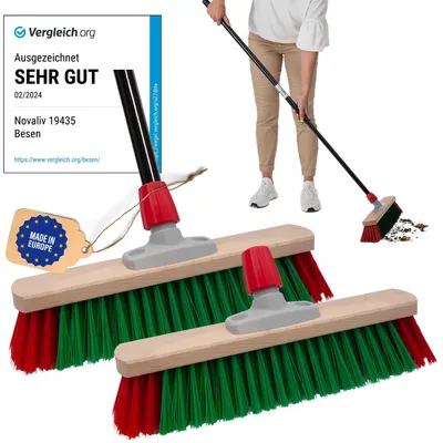 Produktbild von Novaliv 2x Gartenbesen 40 cm mit Stiel draußen Elaston Borsten Ideal als Besen draußen Straßenbesen mit Stiel harte borsten Terassenbesen Hofbesen Stallbesen Kehrbesen Industriebesen Outdoor broom