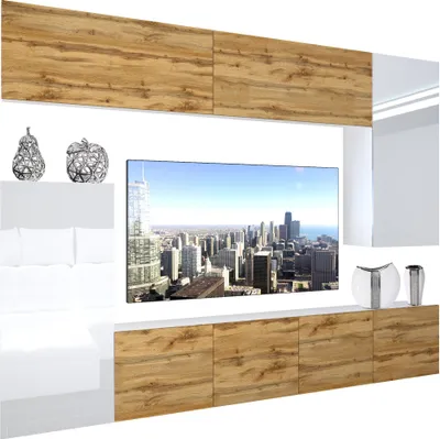 Image de BELINI Meuble-paroi entièrement équipé Ensemble de salon Meuble-paroi moderne avec éclairage LED Blanc brillant Meuble TV annexe Chêne Wotan / Blanc brillant/mat