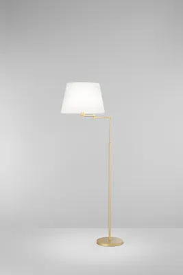 Productafbeelding van Vloerlamp van geborsteld goudkleurig metaal met een witte kap, verstelbaar, modern design, voor gebruik binnenshuis, 1x35W E27 - Perenz