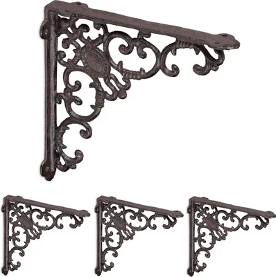 Image de Supports d'étagères Relaxdays, lot de 4, fonte, supports d'étagères de style antique, supports d'étagères, H x l x P : 21,5 x 4 x 21,5 cm, marron