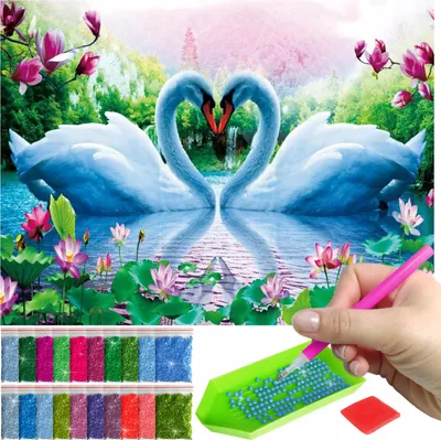 Produktbild von ARTULIO Diamond Painting Set - Verliebte Schwäne zwischen rosa Blüten - 30 x 40 cm - Diamant Painting, Home Wand Deko
