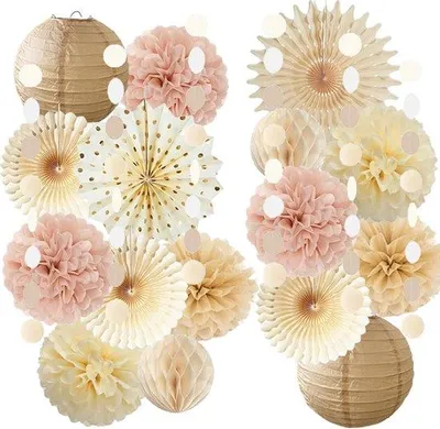 Productafbeelding van Stoffige Roze Boho Feestdecoraties voor Verjaardag en Babyshower - Papieren Waaiers, Pompons en Lantaarns in Beige en Roze voor Bruiloft en V