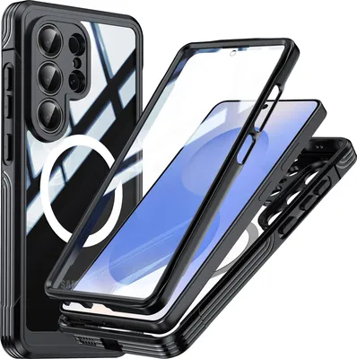 Obrázek produktu pro Pouzdro pro Samsung Galaxy S26 Ultra, kompatibilní s MagSafe, 360° celotělová ochrana s průhledným zadním krytem a ochrannou fólií na displej černé
