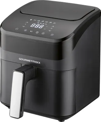 A black GOURMETmaxx digital air fryer with a white handle and a digital display on top.