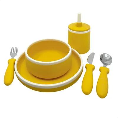 Immagine prodotto di Set di stoviglie per bambini in silicone Smikkels giallo - stoviglie sostenibili per bambini, neonati e ragazzi