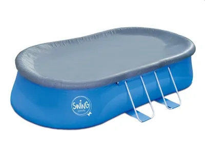 An oval-shaped blue swimming pool with a gray cover and metal ladder supports, isolated on a white background.