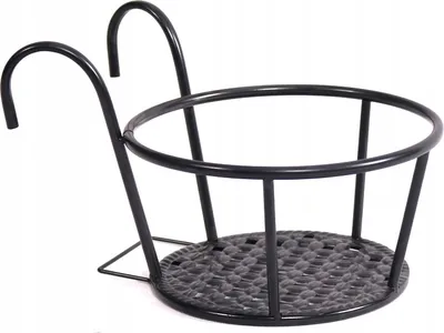 A black metal hanging planter basket with a woven-like base, shown against a white background.