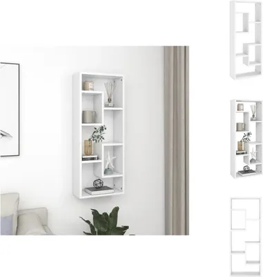 A white wall-mounted shelf unit with decorative items on display.