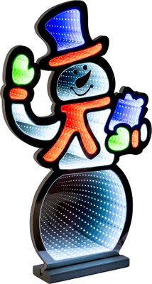 A decorative LED snowman with an infinity effect, designed for holiday display.