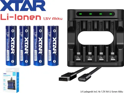 Immagine prodotto di Xtar L4 – Caricabatterie per batterie ricaricabili Li-Ion 1,5 V e Ni/MH 1,5 V AA/AAA in SET con 4 batterie ricaricabili Li-Ion AA
