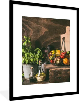 Produktbild von MuchoWow® Gerahmtes Poster Gemüse - Kräuter - Rustikal - Stilleben - Basilikum 60x80 cm - Poster mit Schwarzem Bilderrahmen Wandposter Rahmen Foto Bilder - Wohnzimmer - Dekorationen - Prämie