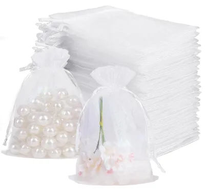 Produktbild von 50 Stück Organzasäckchen, 10x15 cm, mit Kordel, transparente Geschenksäckchen