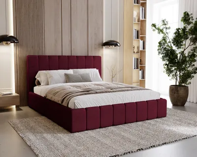 Image de BESILIO Lit double rembourré 160x200 Lexy - cadre métallique, coffre de lit, lit slim - rouge-brun