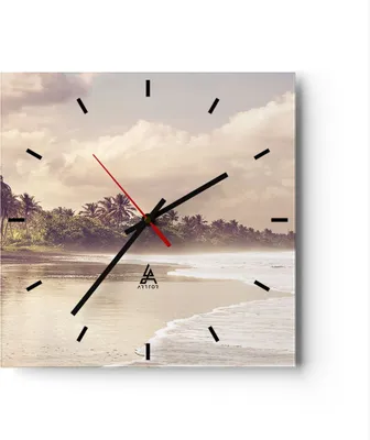 Produktbild von Wanduhr - Quadrat - Glasuhr - Palmen Strand Wasser - 40x40cm - Schleichendes Uhrwerk - Lautlos - zum Aufhängen bereit - Dekoration Modern - Wanddekoration aus Glas - C3AC40x40-4917