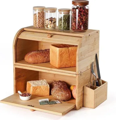 Produktbild von Unyqoos® Bambus-Brotkasten, 2‑lagig & stapelbar, 38 x 25 x 36 cm – großer Brotkasten mit Rolldeckel, magnetischer Tür, belüftet, natur