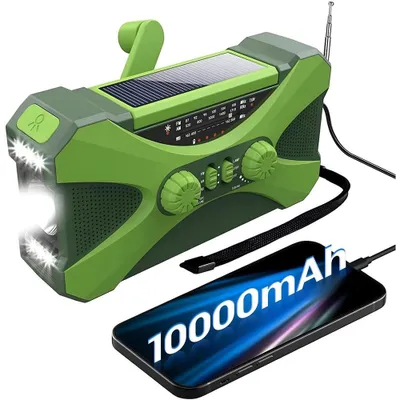 Zdjęcie produktu dla Radio słoneczne, radio na korbkę z własnym zasilaniem i latarką LED, awaryjne radio pogodowe AM/FM, dynamo na korbkę do awaryjnego ładowania smartfona
