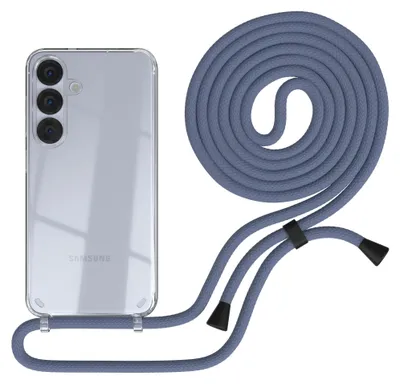 A clear phone case with a lanyard attached, presented on a white background.