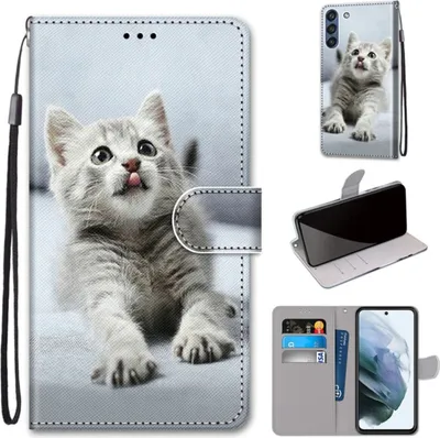 Produktbild von König Design Hülle kompatibel mit Samsung Galaxy S21 FE Kunstleder Handyhülle - Handy Case Kleine graue Katze