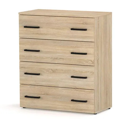 A modern, light wood-tone chest of drawers with black handles against a white background.