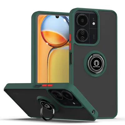 A product shot of a phone case with a ring holder, displayed from multiple angles.