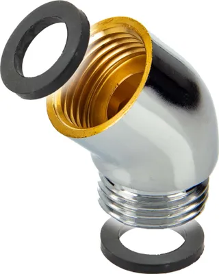 A close-up studio shot of a chrome-plated elbow fitting with brass threading, accompanied by two black rubber washers.
