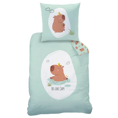 A duvet cover and pillowcase set with a cartoon capybara design.